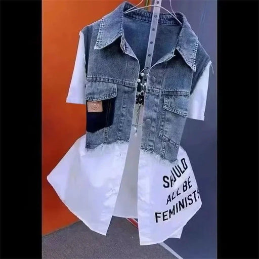 Chaqueta vaquera de dos piezas a rayas, estilo moderno, para mujer - Quierox - Tienda Online