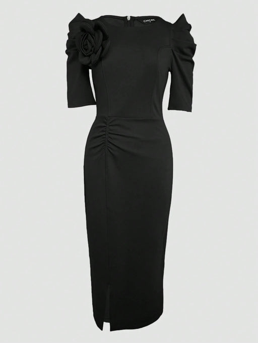 ChicMe Vestido midi plisado con cuello redondo, mangas de pétalo, decoración floral 3D - Quierox - Tienda Online