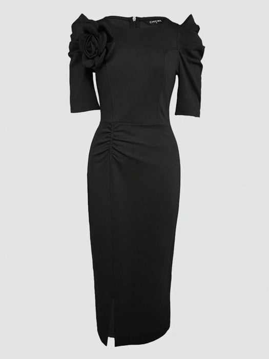ChicMe Vestido midi plisado con cuello redondo, mangas de pétalo, decoración floral 3D - Quierox - Tienda Online