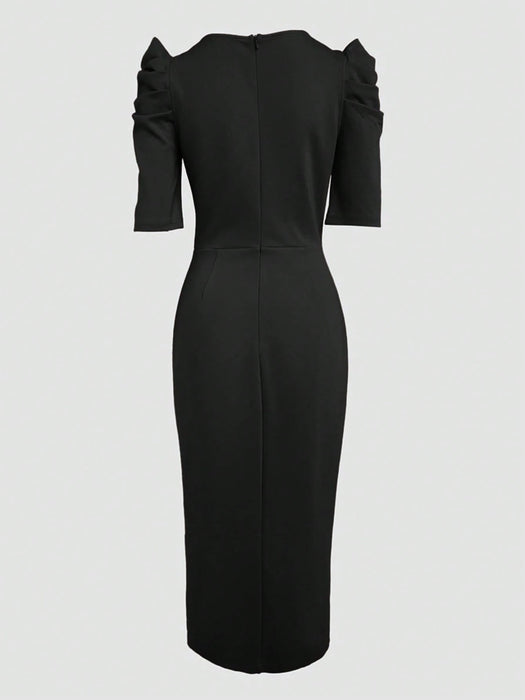 ChicMe Vestido midi plisado con cuello redondo, mangas de pétalo, decoración floral 3D - Quierox - Tienda Online