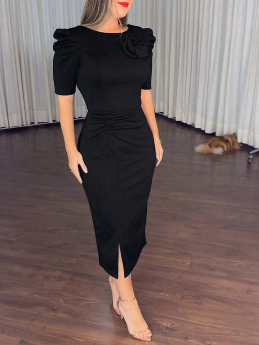 ChicMe Vestido midi plisado con cuello redondo, mangas de pétalo, decoración floral 3D - Quierox - Tienda Online