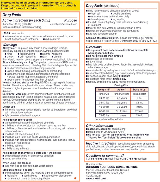 Children's Motrin Suspensión oral 100 mg medicina de ibuprofeno, reductor de fiebre - Quierox - Tienda Online