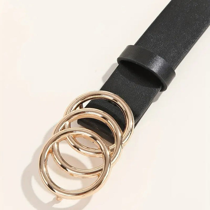 Cinturón De Hebilla Triple Dorada Con Anillos Negros, Cinturón De Cuero PU Simple - Quierox - Tienda Online