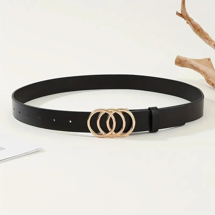 Cinturón De Hebilla Triple Dorada Con Anillos Negros, Cinturón De Cuero PU Simple - Quierox - Tienda Online