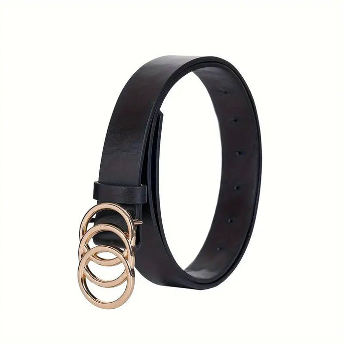 Cinturón De Hebilla Triple Dorada Con Anillos Negros, Cinturón De Cuero PU Simple - Quierox - Tienda Online