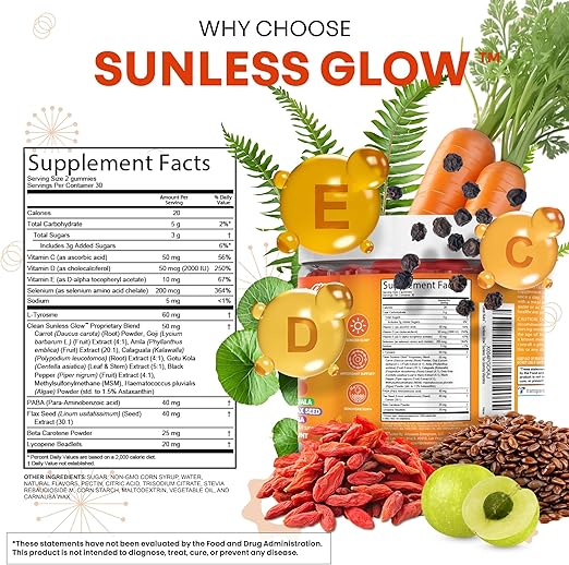 CLEAN Gomitas bronceadoras Sunless Glow con licopeno, betacaroteno 60 unidades - Quierox - Tienda Online