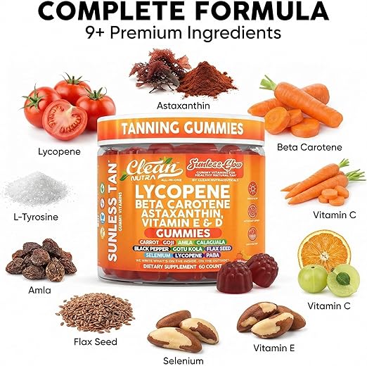 CLEAN Gomitas bronceadoras Sunless Glow con licopeno, betacaroteno 60 unidades - Quierox - Tienda Online
