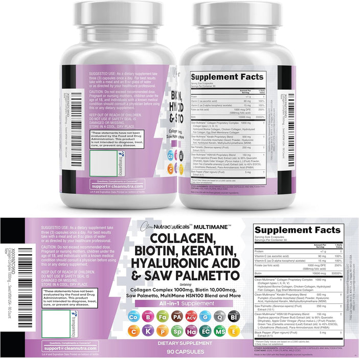 Clean Nutraceuticals 90 Pastillas de colágeno, Biotina, Queratina, Saw Palmetto, Ácido hialurónico - Quierox - Tienda Online