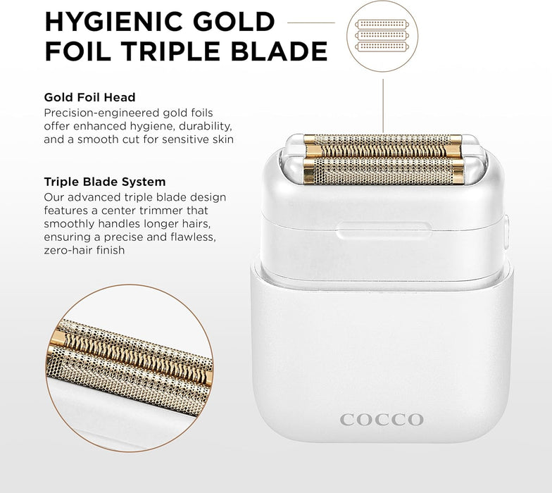 COCCO IMPACTO - Afeitadora higiénica, triple hoja de lámina dorada, blanco, uso húmedo y seco - Quierox - Tienda Online