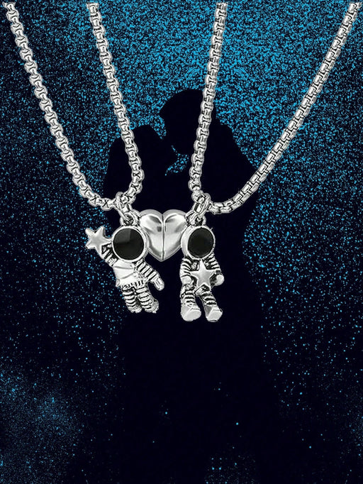 Collar de acero inoxidable con colgante de corazón y astronauta para pareja - Quierox - Tienda Online
