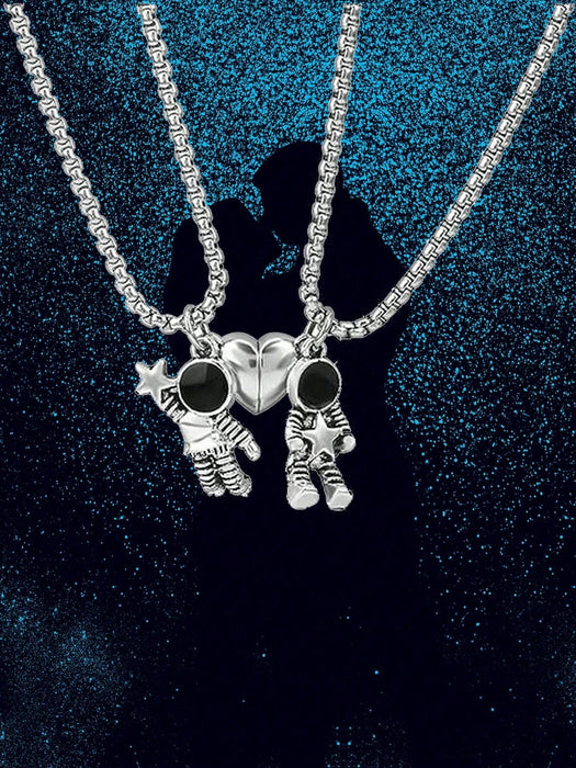 Collar de acero inoxidable con colgante de corazón y astronauta para pareja - Quierox - Tienda Online