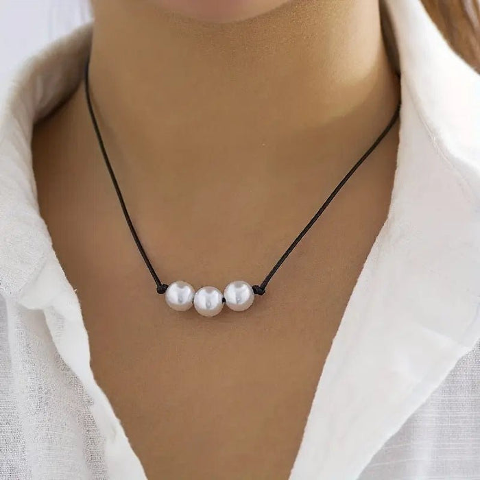 Collar de cuerda de cuero con perlas de agua dulce para mujer, collar de 3 cuentas hecho a mano - Quierox - Tienda Online
