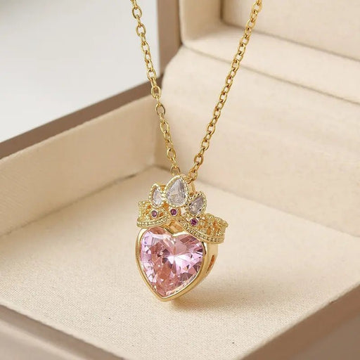 Collar romántico con colgante de corazón y corona rosa y blanca para mujer - Quierox - Tienda Online