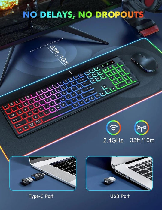 Combo de teclado y ratón inalámbricos, retroiluminación RGB, recargables y con luz negra - Quierox - Tienda Online