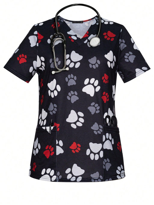 Cómoda camiseta médica con cuello en V y estampado de huellas de perro - Quierox - Tienda Online