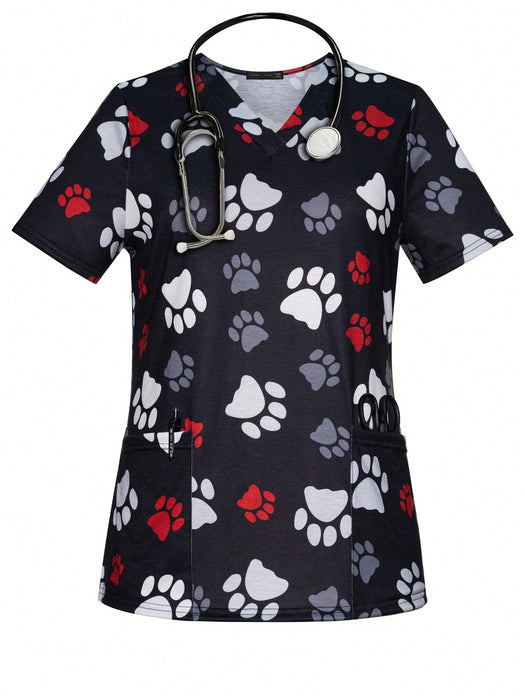 Cómoda camiseta médica con cuello en V y estampado de huellas de perro - Quierox - Tienda Online