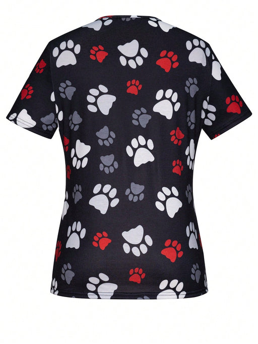 Cómoda camiseta médica con cuello en V y estampado de huellas de perro - Quierox - Tienda Online