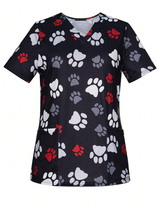 Cómoda camiseta médica con cuello en V y estampado de huellas de perro - Quierox - Tienda Online