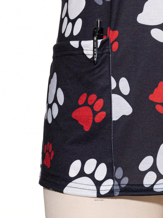 Cómoda camiseta médica con cuello en V y estampado de huellas de perro - Quierox - Tienda Online