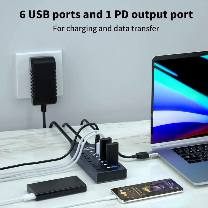 Concentrador USB 3.0 de aluminio con 7 puertos USB, interruptores de encendido y apagado individuales y adaptador de corriente de 12 V/3 A - Quierox - Tienda Online