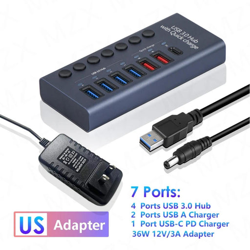 Concentrador USB 3.0 de aluminio con 7 puertos USB, interruptores de encendido y apagado individuales y adaptador de corriente de 12 V/3 A - Quierox - Tienda Online