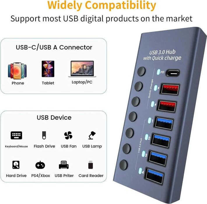 Concentrador USB 3.0 de aluminio con 7 puertos USB, interruptores de encendido y apagado individuales y adaptador de corriente de 12 V/3 A - Quierox - Tienda Online