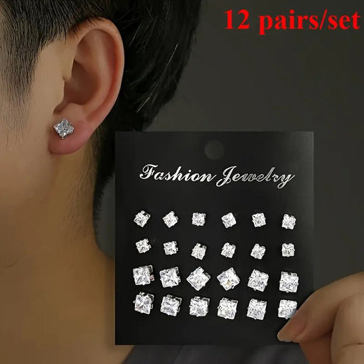 Conjunto de 12 pares de pendientes cuadrados sintéticos y elegantes - Quierox - Tienda Online