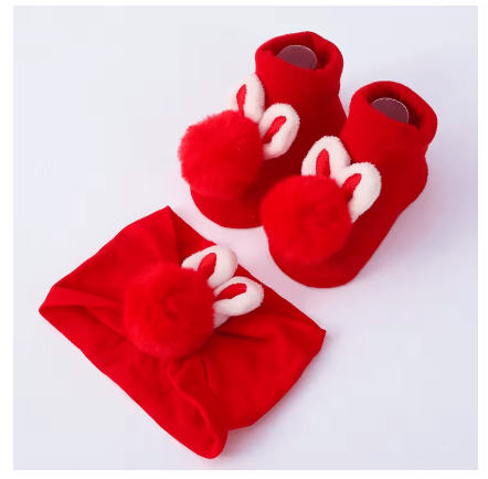 Conjunto de 2 piezas de calcetines y diadema para recién nacidos con pompón de felpa. - Quierox - Tienda Online
