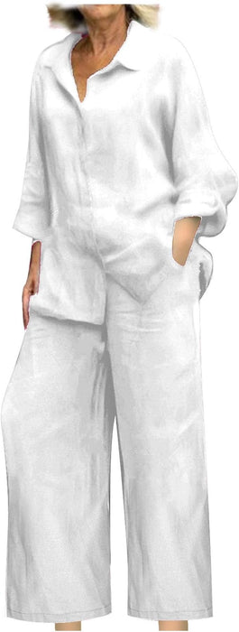 Conjunto de 2 piezas de lino y algodon para mujer de manga larga, casual y holgado - Quierox - Tienda Online