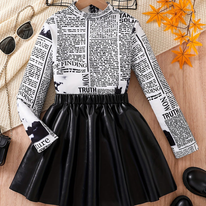 Conjunto de 2 piezas: Elegante camiseta de manga larga y falda negra de cuero para adolescente - Quierox - Tienda Online