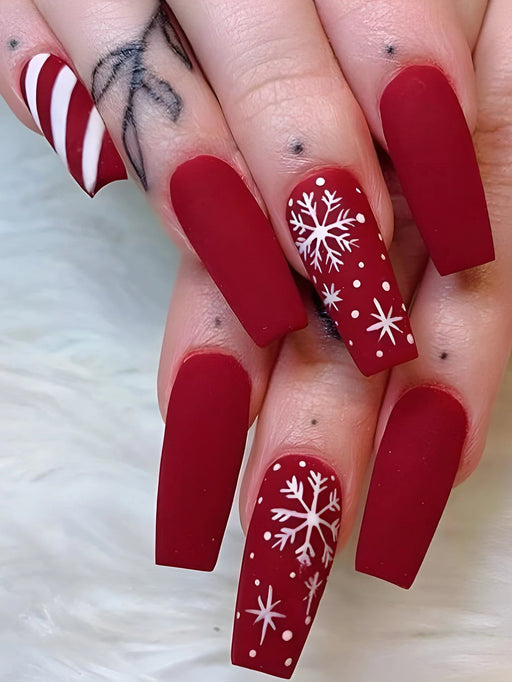 Conjunto de 24 piezas de uñas postizas elegantes con forma de ataúd de copos de nieve y rayas - Quierox - Tienda Online