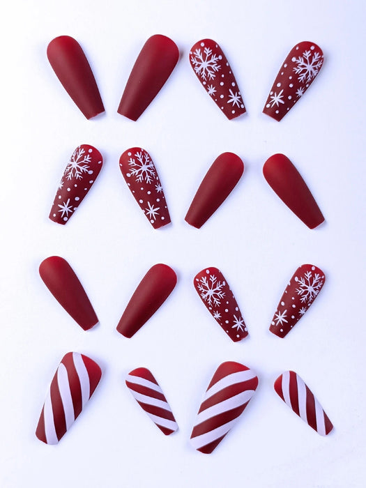 Conjunto de 24 piezas de uñas postizas elegantes con forma de ataúd de copos de nieve y rayas - Quierox - Tienda Online