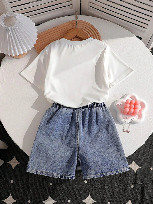 Conjunto de 2pcs, camiseta y pantalón corto, estampado de lazos rosa para niñas - Quierox - Tienda Online