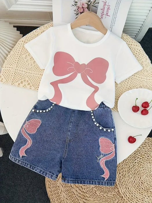 Conjunto de 2pcs, camiseta y pantalón corto, estampado de lazos rosa para niñas - Quierox - Tienda Online