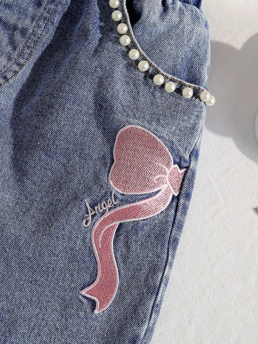 Conjunto de 2pcs, camiseta y pantalón corto, estampado de lazos rosa para niñas - Quierox - Tienda Online