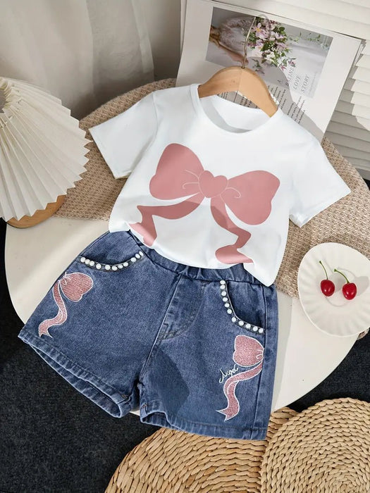 Conjunto de 2pcs, camiseta y pantalón corto, estampado de lazos rosa para niñas - Quierox - Tienda Online