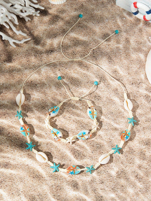 Conjunto de 2pcs de collar y pulsera de conchas estilo bohemio en el mar - Quierox - Tienda Online