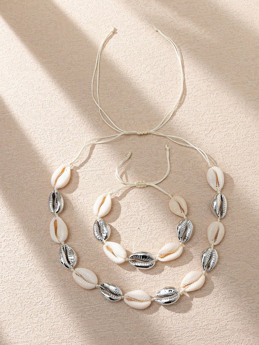 Conjunto de 2pcs de collar y pulsera de conchas estilo bohemio en el mar - Quierox - Tienda Online