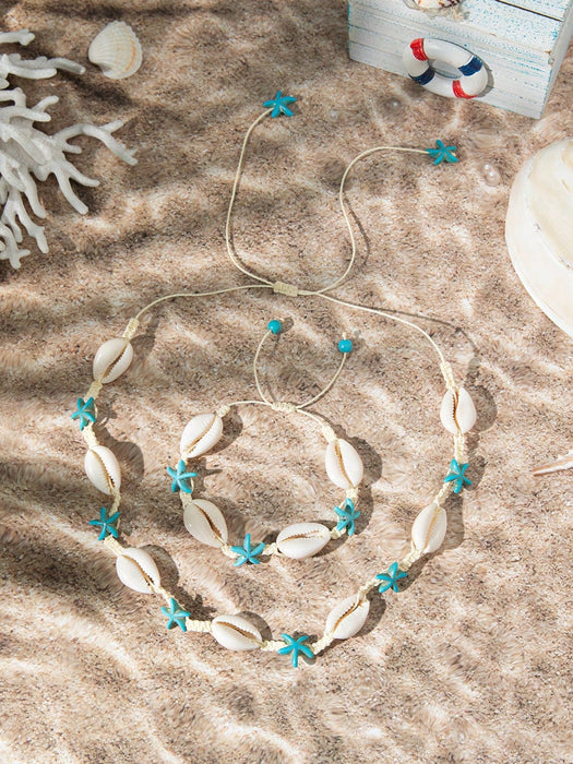 Conjunto de 2pcs de collar y pulsera de conchas estilo bohemio en el mar - Quierox - Tienda Online