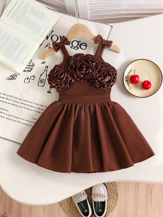 Conjunto de 2pcs de top de tirantes dulce, para niña con flor de rosa 3D y falda plisada - Quierox - Tienda Online