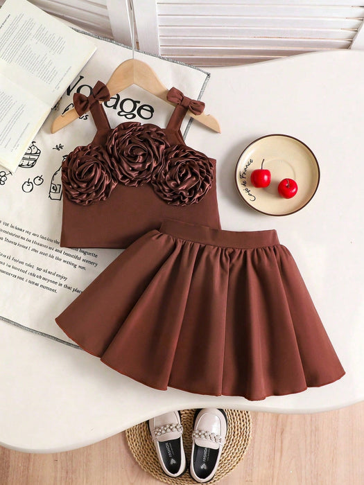 Conjunto de 2pcs de top de tirantes dulce, para niña con flor de rosa 3D y falda plisada - Quierox - Tienda Online