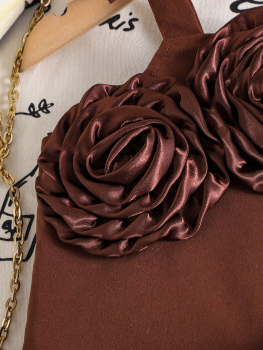 Conjunto de 2pcs de top de tirantes dulce, para niña con flor de rosa 3D y falda plisada - Quierox - Tienda Online
