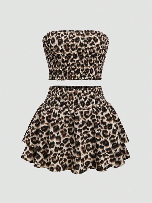 Conjunto de 2pcs un top y una falda de capas con estampado de leopardo para niñas - Quierox - Tienda Online