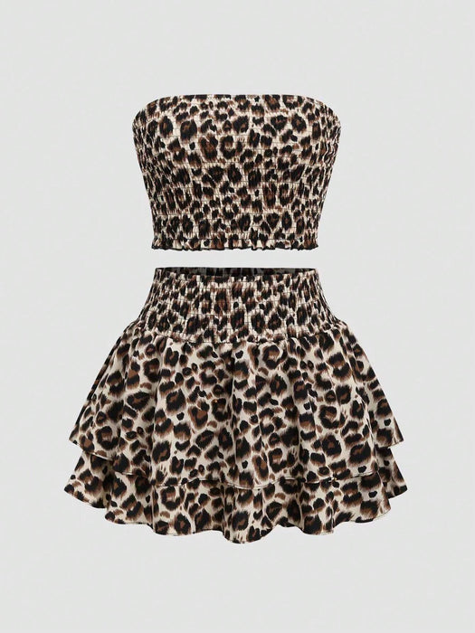 Conjunto de 2pcs un top y una falda de capas con estampado de leopardo para niñas - Quierox - Tienda Online