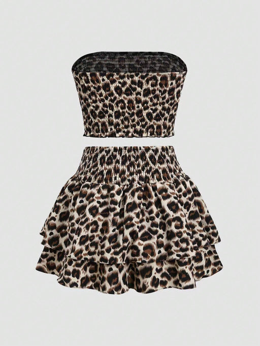 Conjunto de 2pcs un top y una falda de capas con estampado de leopardo para niñas - Quierox - Tienda Online