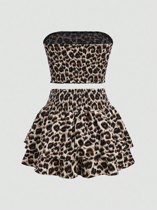 Conjunto de 2pcs un top y una falda de capas con estampado de leopardo para niñas - Quierox - Tienda Online