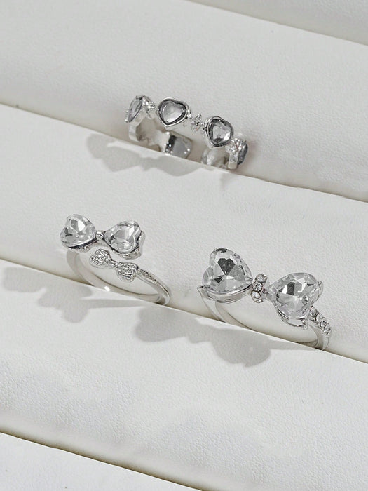 Conjunto de 3 anillos estilo Y2K con corazón, lazo y diamantes de imitación para mujer - Quierox - Tienda Online