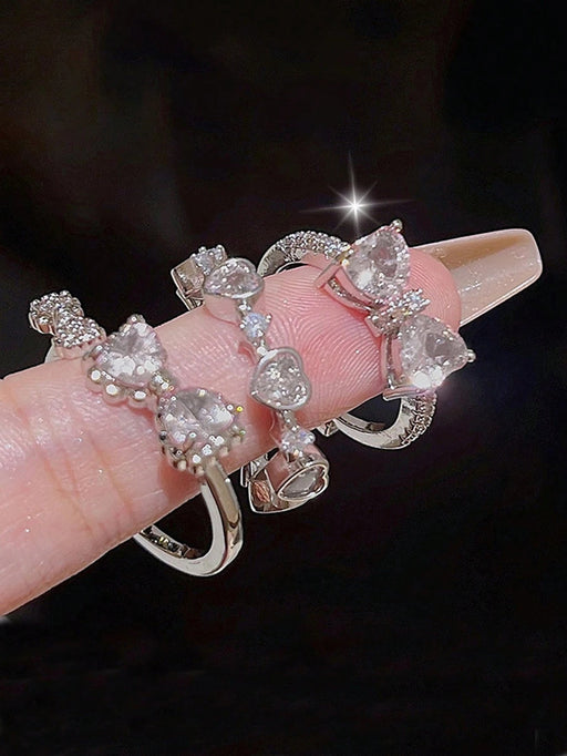 Conjunto de 3 anillos estilo Y2K con corazón, lazo y diamantes de imitación para mujer - Quierox - Tienda Online