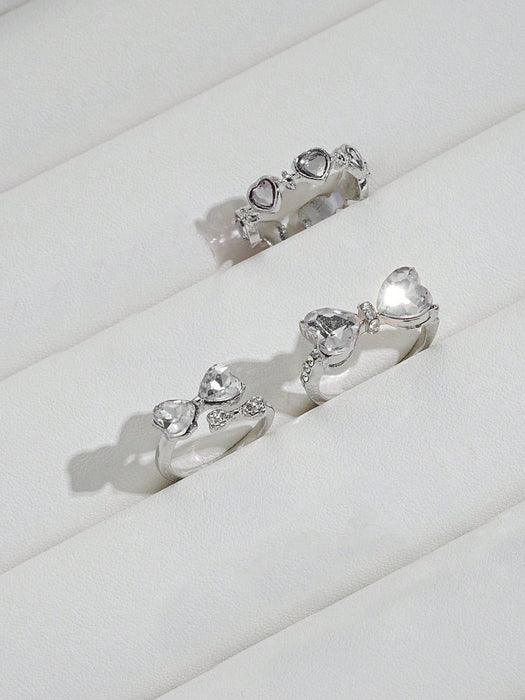 Conjunto de 3 anillos estilo Y2K con corazón, lazo y diamantes de imitación para mujer - Quierox - Tienda Online