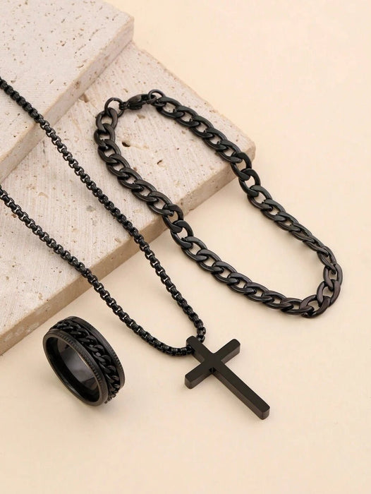 Conjunto de 3 piezas de acero inoxidable con cadena retro, anillo cruzado, collar y pulsera - Quierox - Tienda Online